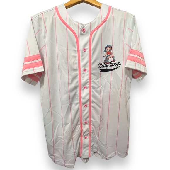 Betty Boop Pinstripe Button Up Baseball Jersey Pink White Stripe Medium NEW - Picture 1 of 5